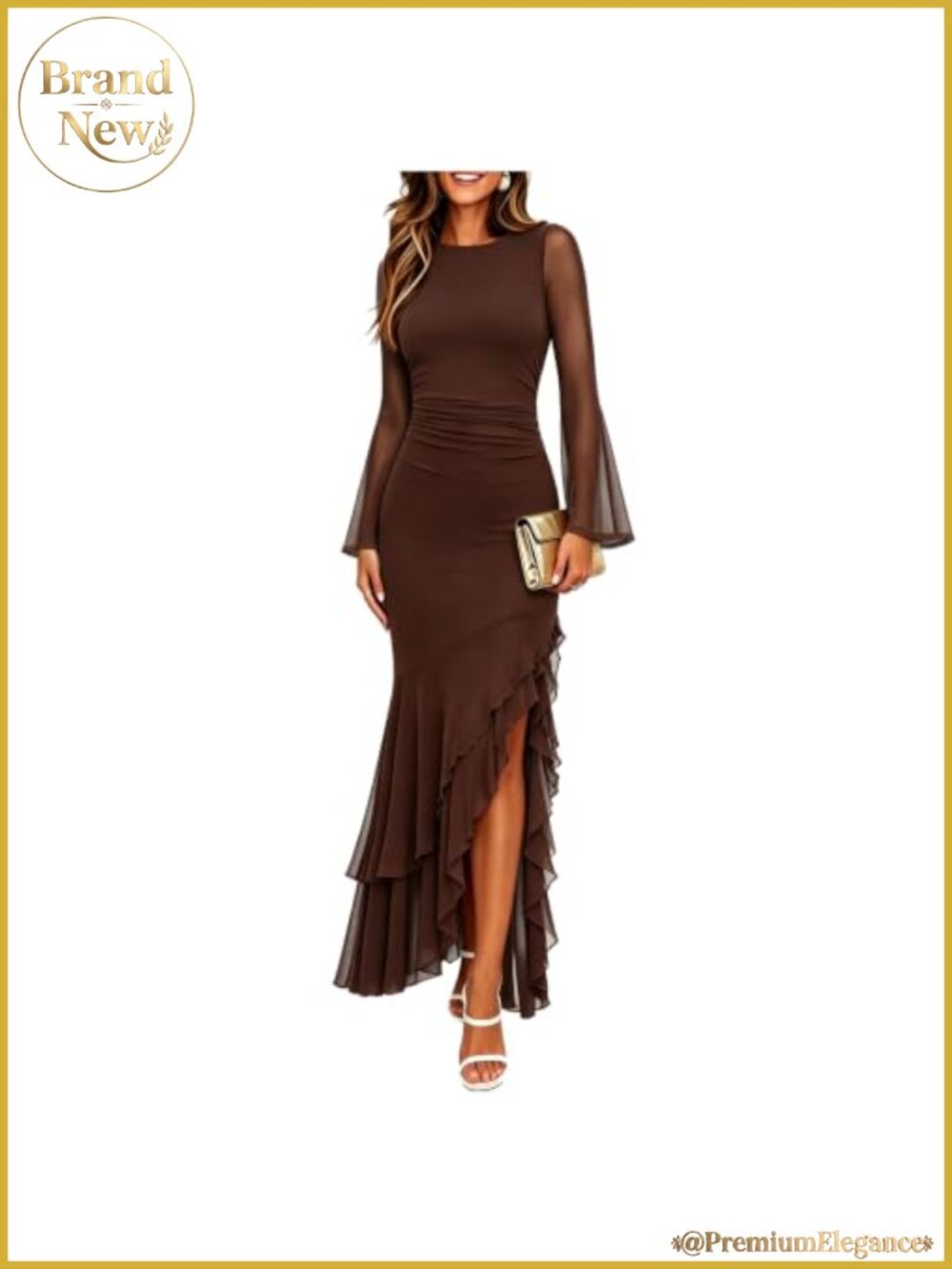 Women's Ruched Bodycon Mesh Mermaid Maxi Dress Long Sleeve Formal Party